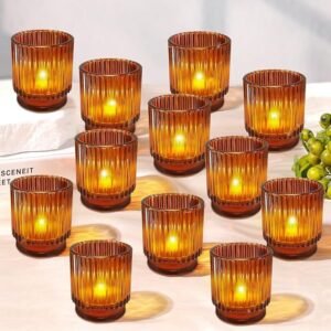 Conjunto de 12 castiçais âmbar Tealight, Castiçais Vintage de Vidro Âmbar com Nervuras (Conjunto de 12), Castiçal Porta Vela, Porta Vela, Castiçal, Porta Velas