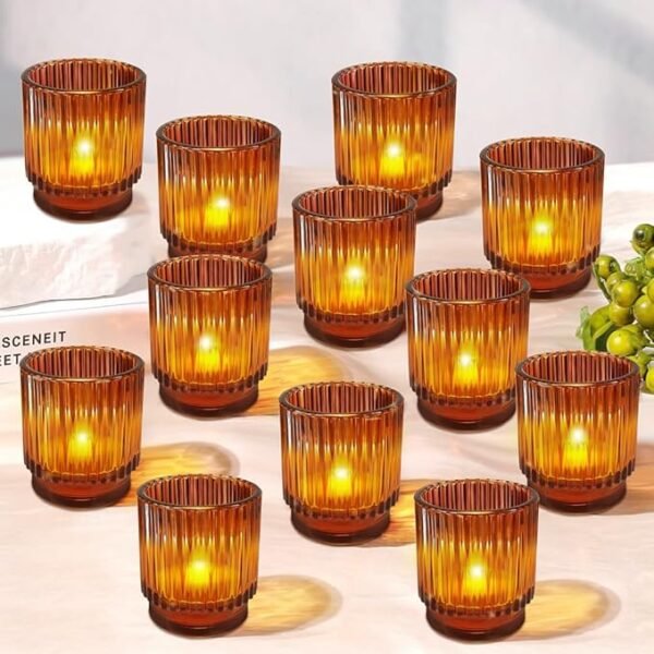 Conjunto de 12 castiçais âmbar Tealight, Castiçais Vintage de Vidro Âmbar com Nervuras (Conjunto de 12), Castiçal Porta Vela, Porta Vela, Castiçal, Porta Velas