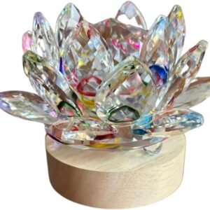 Luminária Decorativa de Mesa Flor de Lótus em Cristal feng shui, LED base de madeira branco quente Prime Cores (Furta Cor)