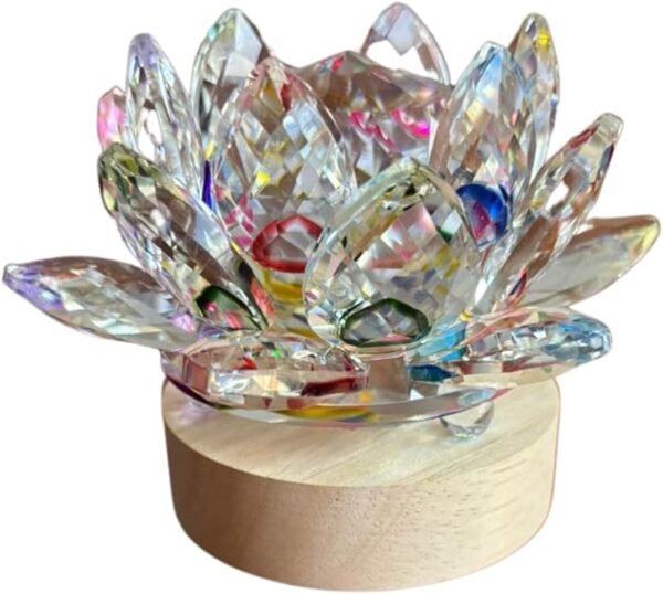 Luminária Decorativa de Mesa Flor de Lótus em Cristal feng shui, LED base de madeira branco quente Prime Cores (Furta Cor)