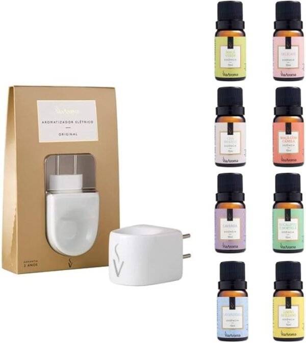 Kit Aromatizador Elétrico Difusor e 8 Essências Sortidas Via Aroma 10ml
