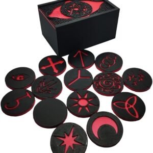 Caixa de Runas das Bruxas Preta com Pentagrama, 14 Peças com Símbolos Vermelhos, Conjunto de Runas Místicas para Adivinhação